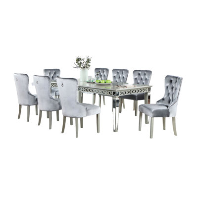 Table 9 pièces en argent et gris foncé, table rectangulaire avec rallonge extensible de 18 pouces, fauteuils à oreilles et garniture cloutée, pieds décorés de miroirs à feuilles