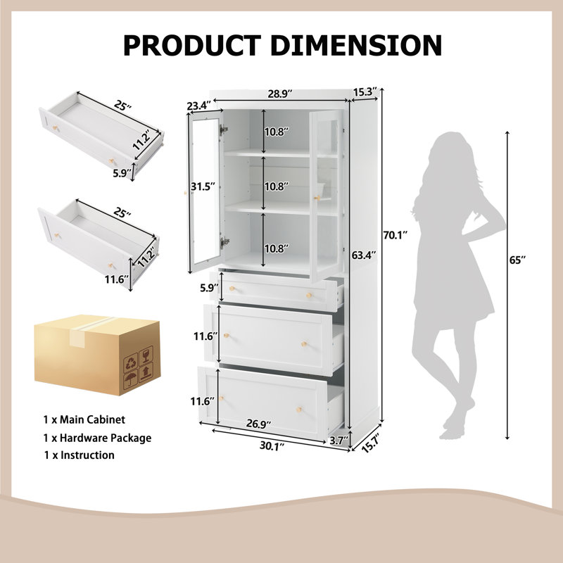 70.1" Freestanding Tall Bathroom Cabinet with Adjustable Shelves,Drawers,Soft Close Glass Doors, White
