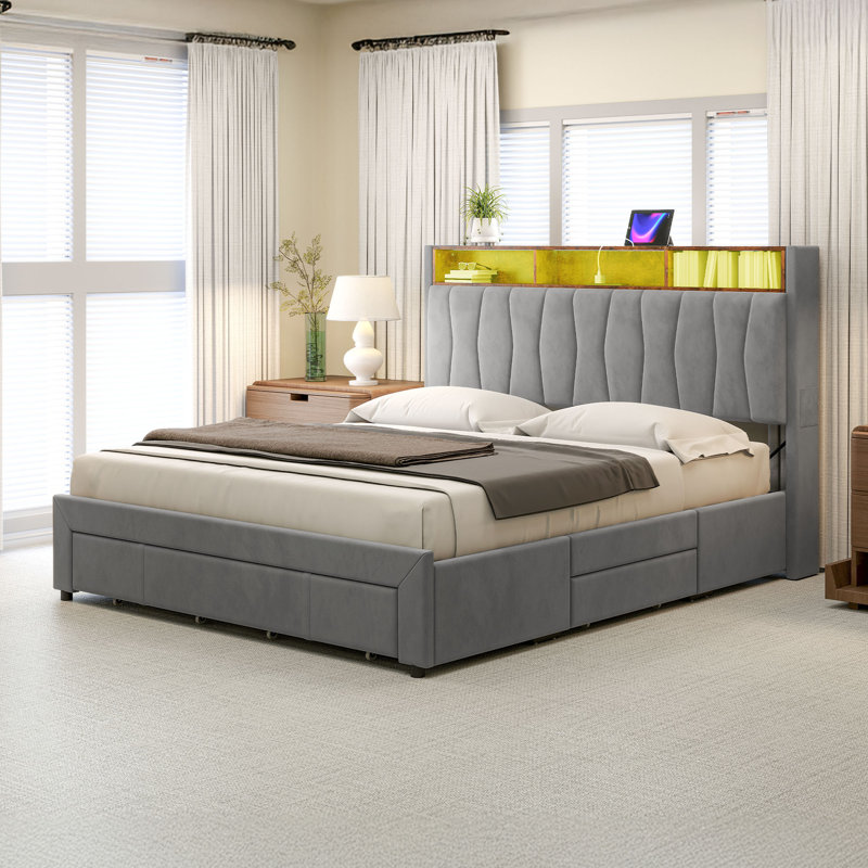 Chantise Upholstered Storage Bed with LED Lights and Built In USB Port, Queen, Beige