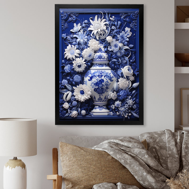Bleu et blanc Boho plante poterie V - décoration murale bohème poterie, H 20 po x l 12 po x P 1 po, Cadre simple noir
