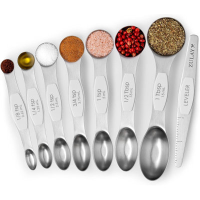 Zulay Kitchen Magnetic Spoons Set of 8 Dual Sided Spice Jars Spoons Set Stainless Steel