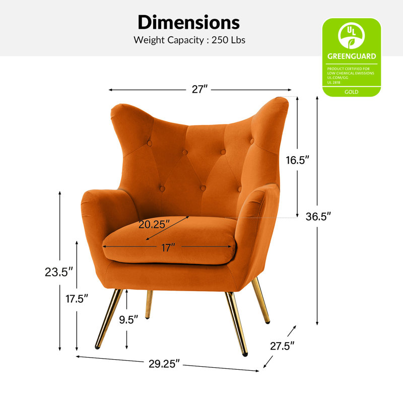 Fauteuil à oreilles 29,25 po Avianna, Velours orange