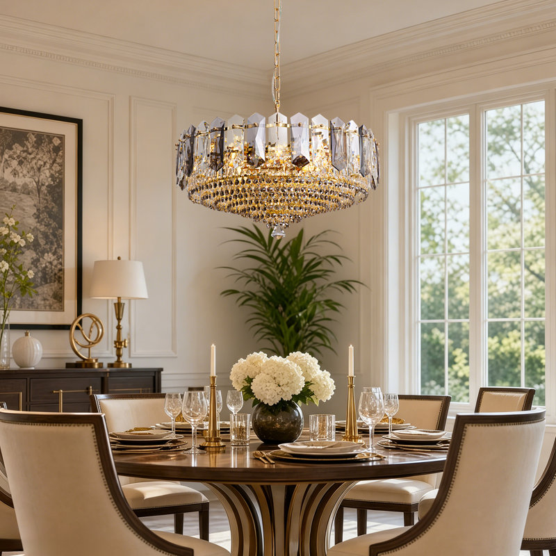 Luminaire suspendu rond en cristal 24 pouces champagne doré, 11 lumières avec chaîne réglable