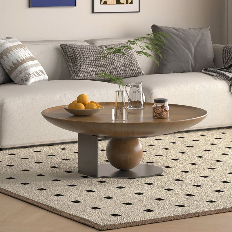 Kemare Carbin No-Assembly Requied 39.37'' Handmade Walnut Round Solid Wood Coffee Table With Spherical Base, Carbon Steel Frame