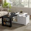 Table basse design à plateau relevable avec portes coulissantes de style grange et plateau pivotant, idéale pour des week-ends de détente à la maison. Décor moderne.