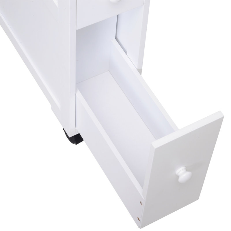 6.25" X 20.5" X 28.25" Wood Rolling Narrow Bathroom Side Storage Cabinet, Bathroom Storage