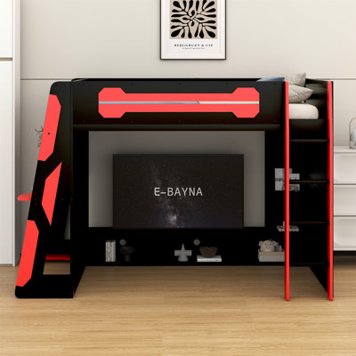 Lit mezzanine en bois avec bureau, tablettes multiples et lumière RVB