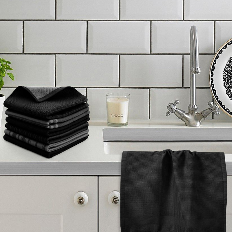 Lux Decor Cotton Waffle Dish Cloth Stripe Kitchen Towel (Set of 6), Black