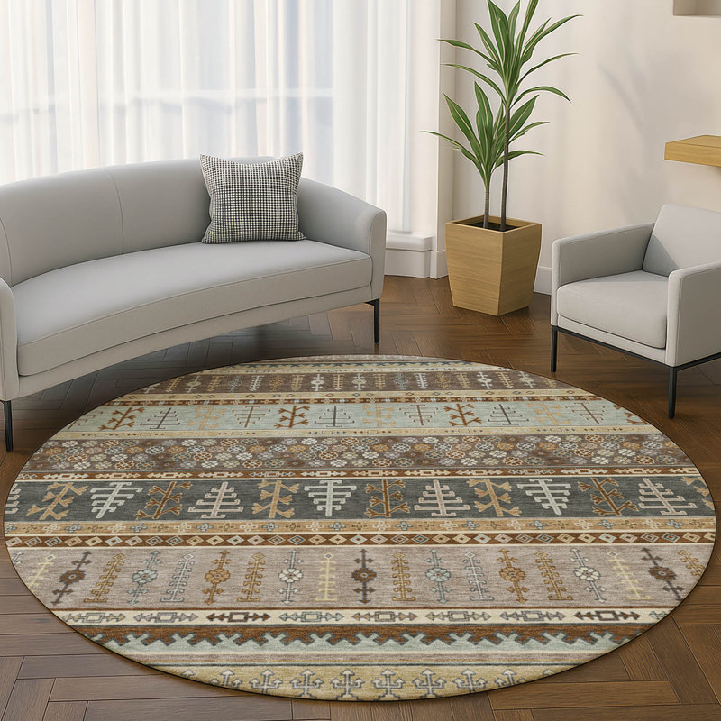 Premium Machine Washable Mayfield AMF2160 Striped Rug, Round 8', Brown