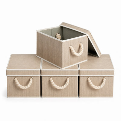 Fabric Storage Bins with Lids 4 Pack, Gray Cotton Polyester Closet Organizer Boxes with Rope Handles