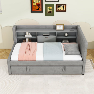 Twin Upholstered Daybed with USB Ports, Twin Trundle and Shelves