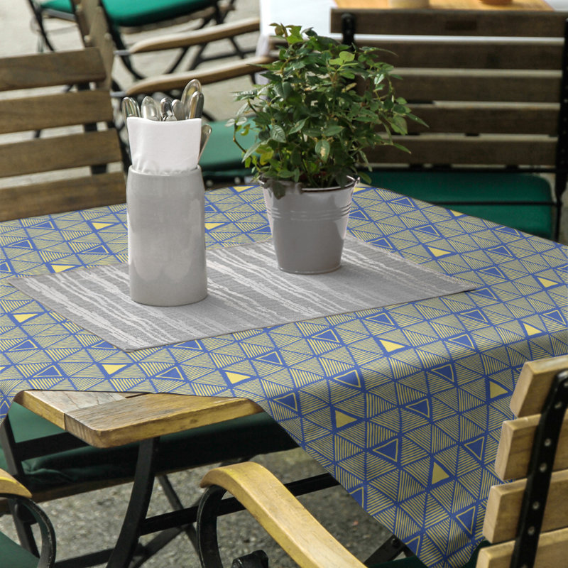 Classic Hand Drawn Triangles Tablecloth, Blue/Yellow