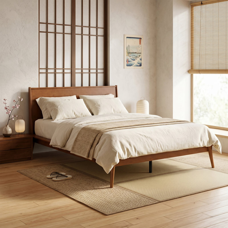 Structure de lit en bambou massif Aurandi Minimalist Auren avec support de lattes robuste, aucun sommier requis, Walnut Brown