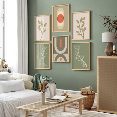 Framed Wall Art Collage Print Gallery Set, Abstract Line Art in Green and Neutral Tones Illustrations Modern Decorative for Living Room, Bedroom, Office