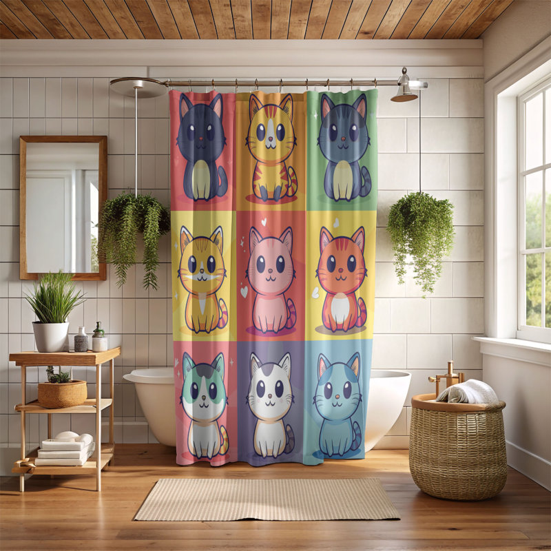 Rideau de douche Kawaii Meow - Premium, H 74 po x l 71 po