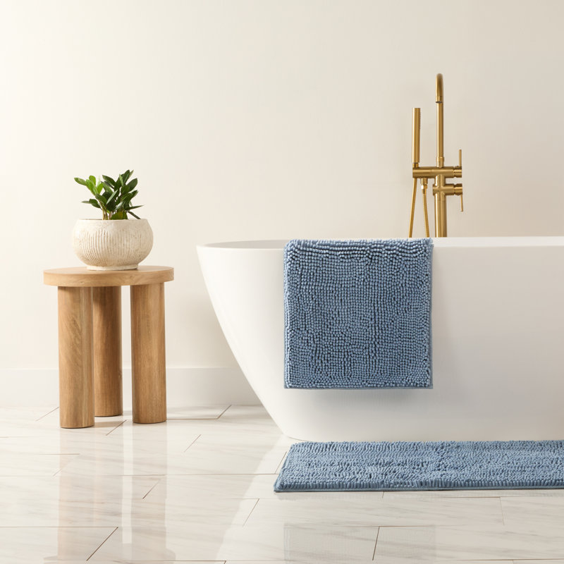 Soft Absorbent Chenille Bath Mat Rug with Anti-Skid Rubber Backing, Light Blue, Single - 34" L x 21" W