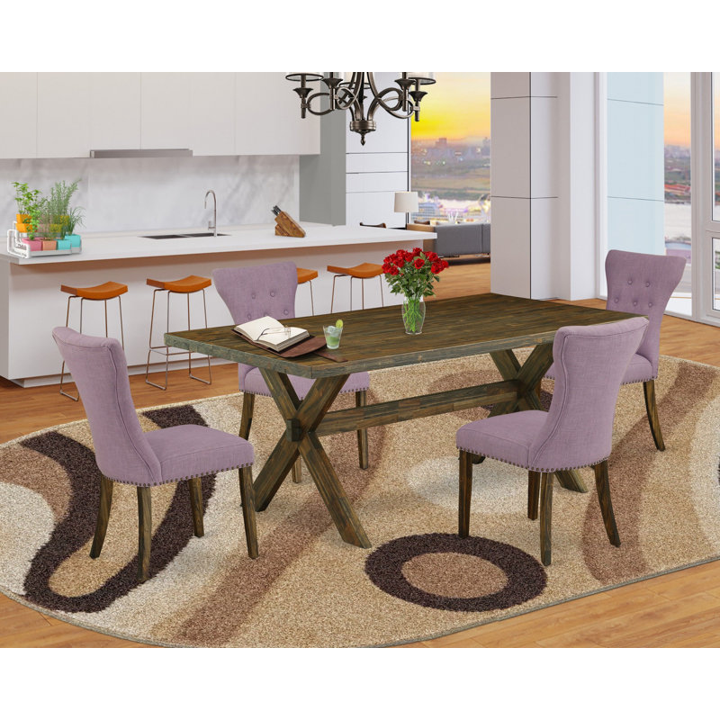 L'ensemble de mobilier de salle à manger 5 pièces comprend une table de salle à manger rectangulaire avec pieds en X et 4 chaises rembourrées en lin Dahlia