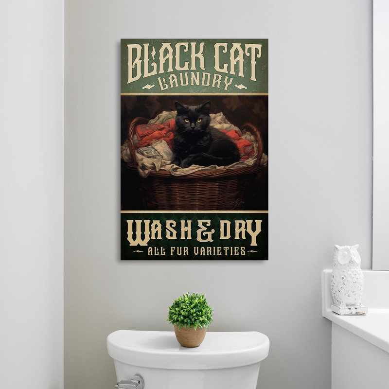 «Black Cat Laundry 1», impression rectangulaire 1 pièce sur toile «Black Cat Laundry 1», H 36 po x l 24 po x P 1,25 po