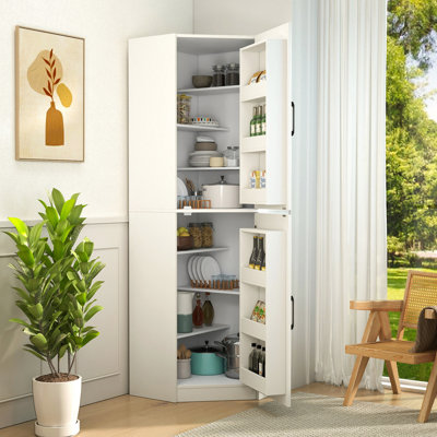 Armoire de coin de cuisine, armoire de rangement autoportante en L de 70,87 po de hauteur avec 2 portes et tablettes, armoire d'angle peu encombrante avec organisateurs de porte pour la cuisine, la salle à manger et le salon