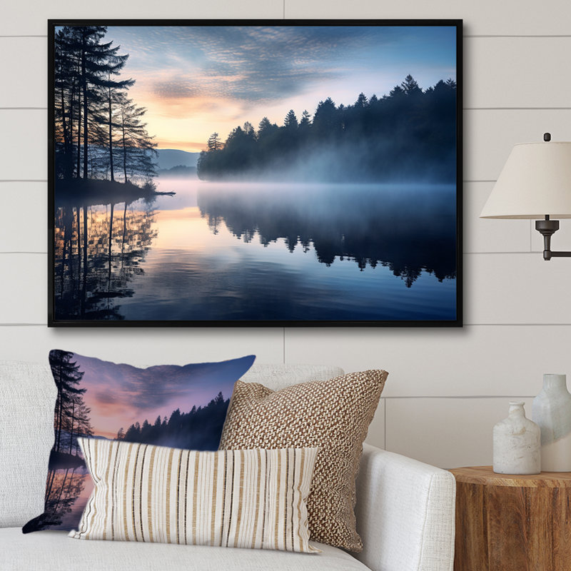 «Morning Mist Sunrise by the Lakeside», reproduction sur toile, H 16 po x l 32 po x P 1 po, Cadre flottant noir