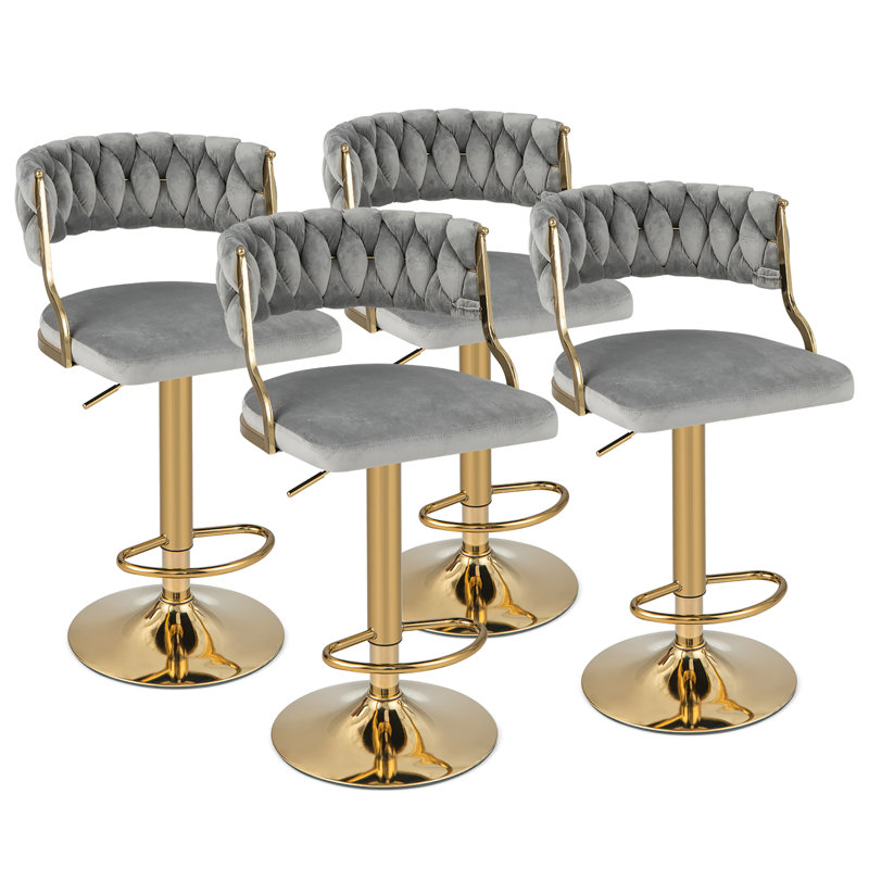 Ensemble de 4 tabourets de bar réglables en velours Everly Quinn, Gris