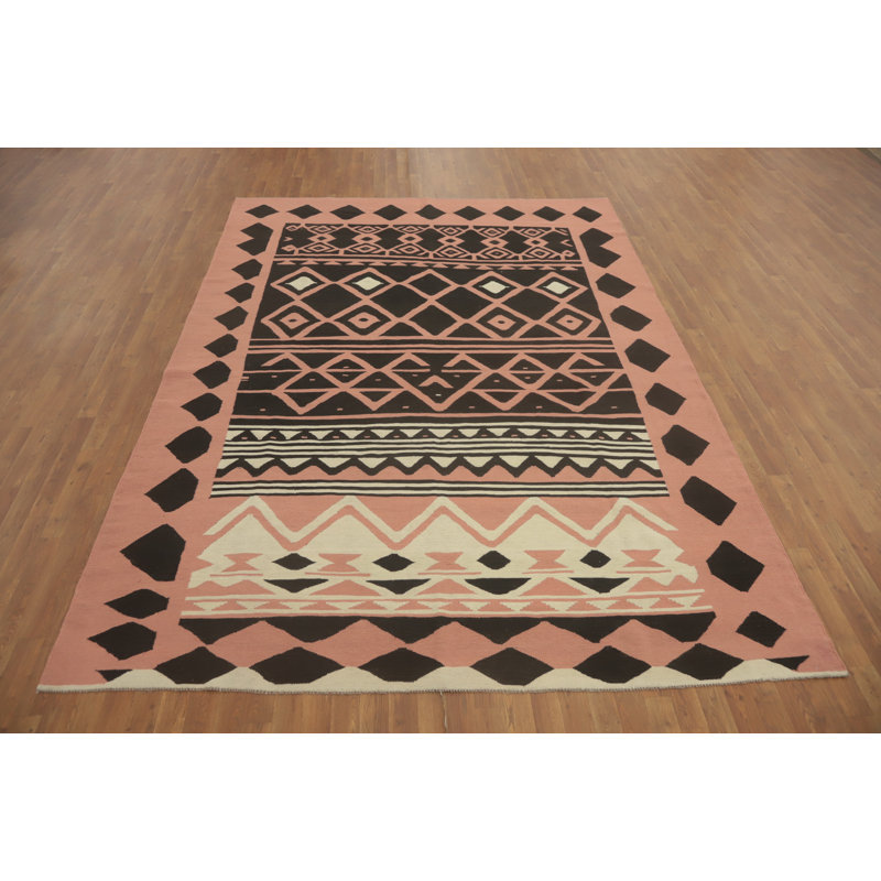 Tapis géométrique rose à motif oriental kilim 8 x 11