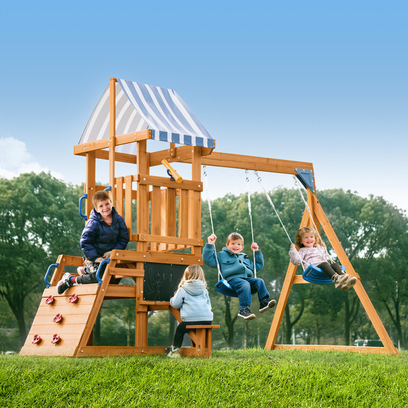 Balançoire en bois de cèdre ROBUD avec 2 balançoires à ceinture, glissade à vagues, mur d'escalade, aire de jeu et auvent