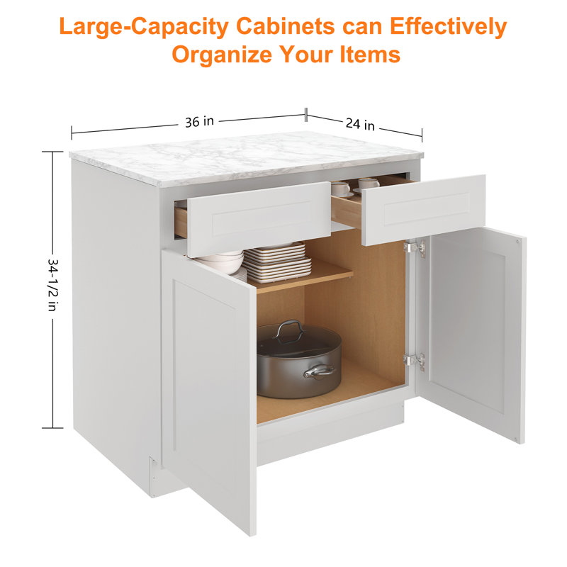 Plywood Ready to Assemble Kitchen Base Cabinets with 2-Drawers and Adjustable Shelf, Shaker Dove, 34.5" H x 36" W