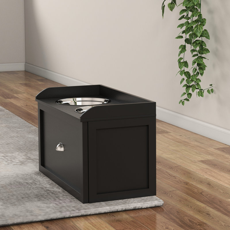 Grand support d'alimentation pour chien avec rangement. Noir 2 bols en acier inoxydable surélevés. Prend en charge les habitudes alimentaires de votre animal. Installation spacieuse. Noir qui rehausse le temps. Tiroir
