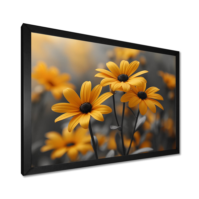 Monochromes jaunes et noirs, fleurs de la forêt I - marguerites, art mural, Cadre simple noir, H 30 po x l 40 po