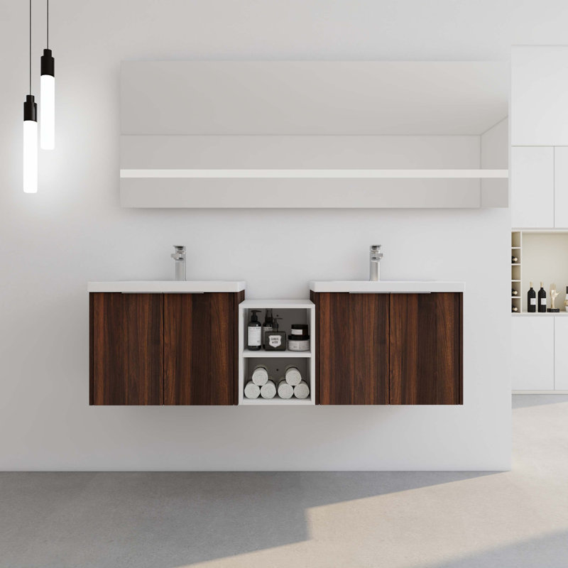 Meuble-lavabo double 59,20 po avec plateau Honora, Brun