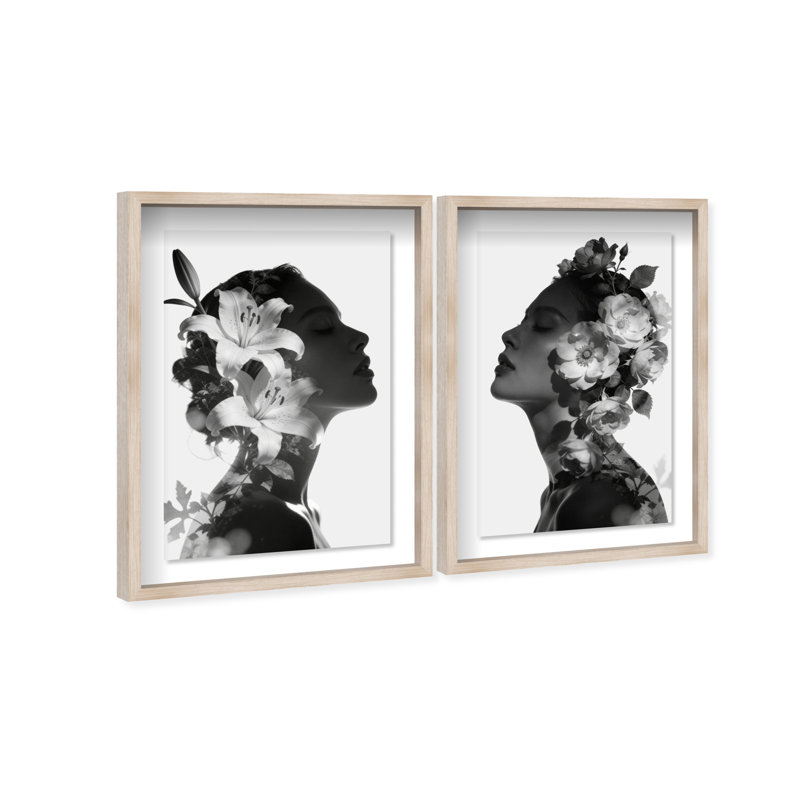 Nocturne Bloom Set Shadowbox Floral & Botanical Print by Oliver Gal, Black Frame, 10 x 15, Natural Oak Shadowbox, 17"H x 25"W