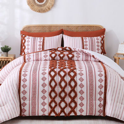 Tufted Boho Comforter Set Bed in A Bag,Shabby Chic Aztec Western Brick Orange Bedding Tufted Decor King Size Bedding Comforter and Sheet Set,Farmhouse Luxury 7 Pieces Quilt Set for All Season