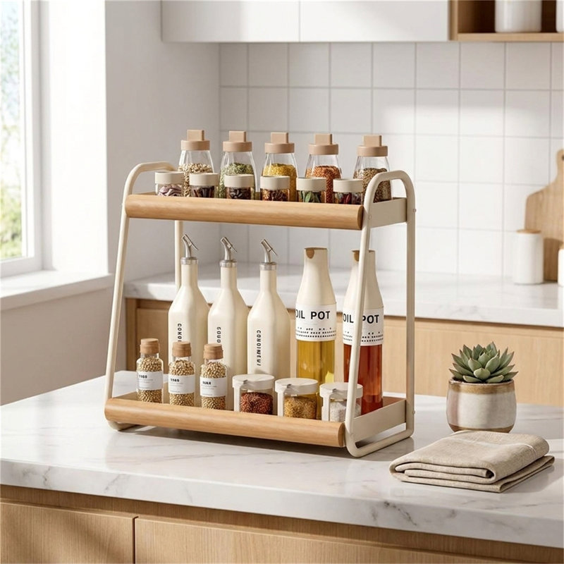 Grand support à épices à deux niveaux, H 16,92 po x l 15,74 po x P 9,05 po, Beige