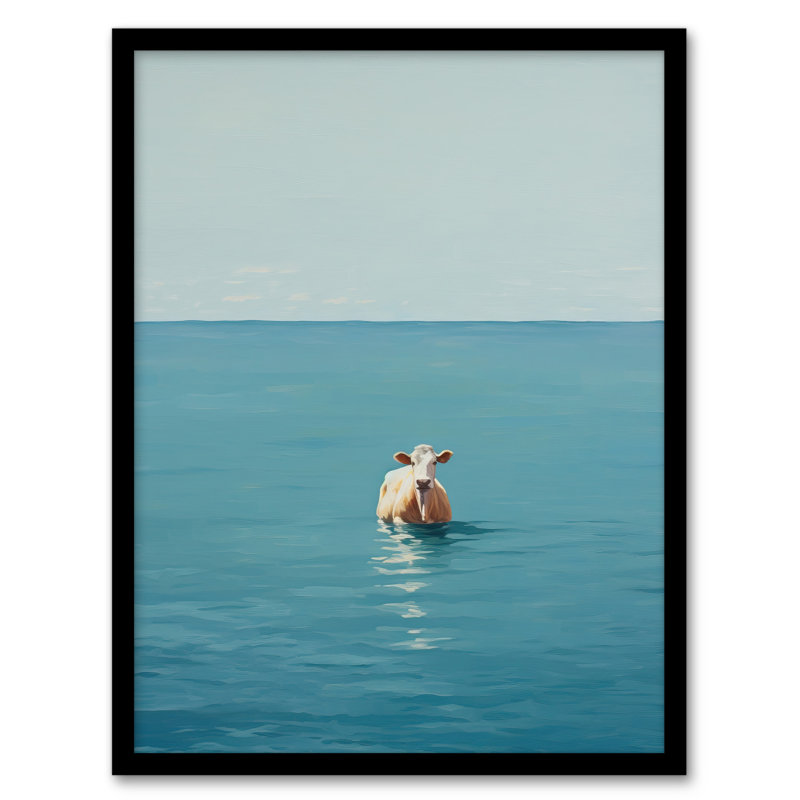 Open Water Swimming Cow Bath Oil Blue Tan - Single Picture Frame Print