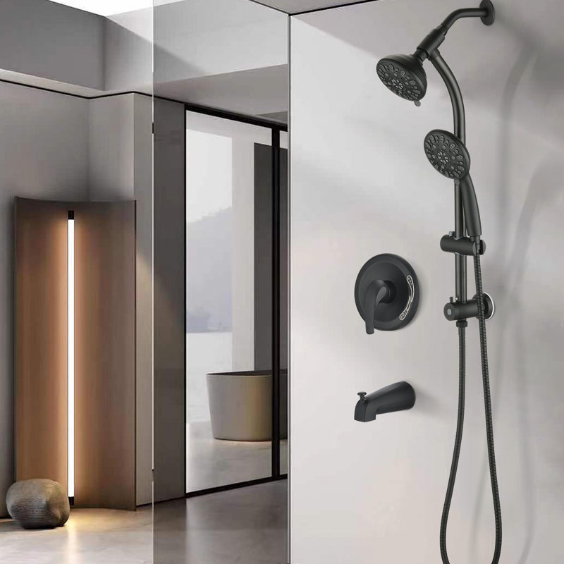 Matte Black Shower System, 26" Stainless Steel Slide Bar, Dual Heads, 7 Spray Patterns, 1.8 Gpm Flow Rate With 2 Flow, Tub Spout