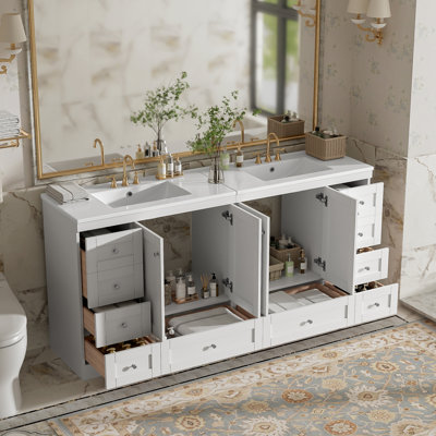 Meuble-lavabo autoportant de 72 po avec lavabo en céramique, tiroirs et portes à fermeture en douceur, design minimaliste moderne, grand espace de rangement