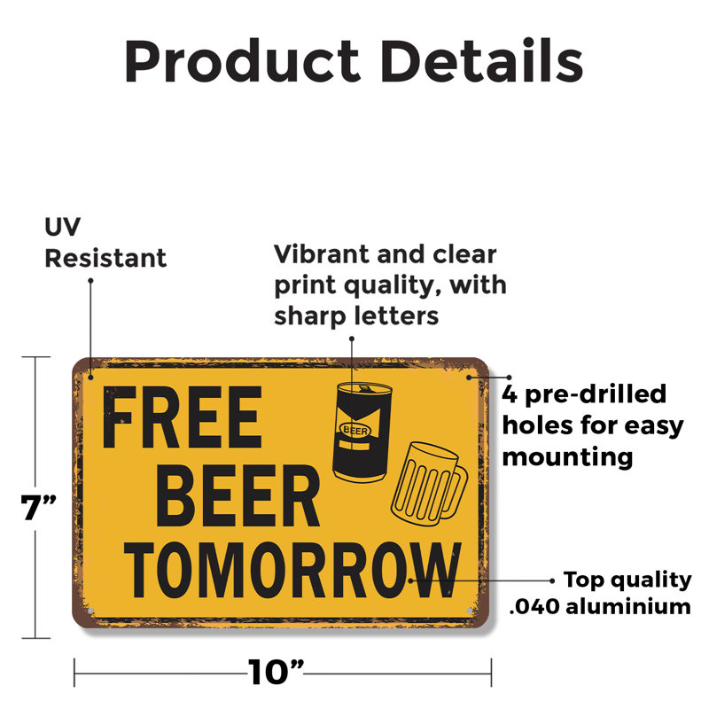 Enseigne en aluminium Free Beer Demain 7 po x 10 po