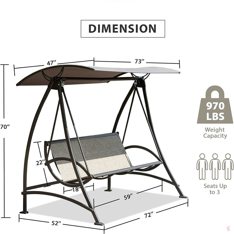 Patio Swing Chair, Outdoor Porch Swing With Adjustable Canopy And Durable Steel Frame, 73"
