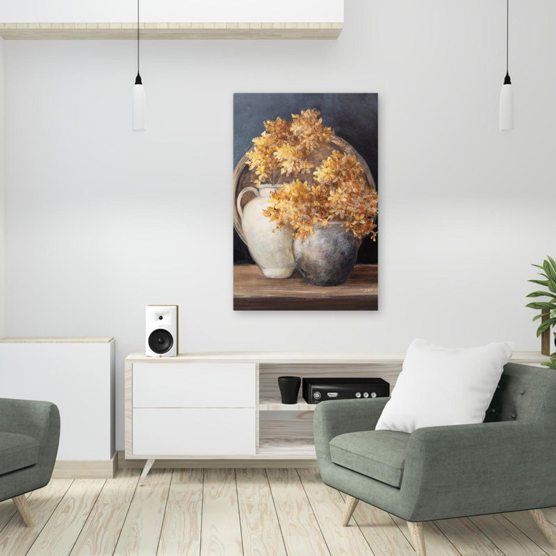 Hortensias dorés II bleu contemporain bleu gris floral automne brun, H 36 po x l 24 po