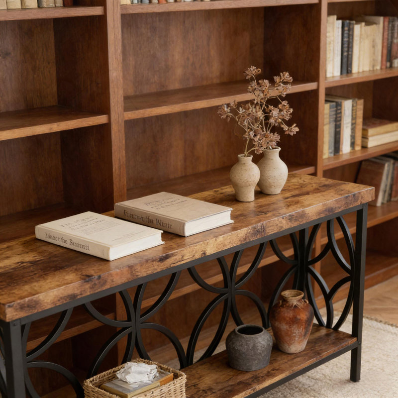 Table basse, canapé industriel, console à 2 niveaux, Rustic Brown/Black