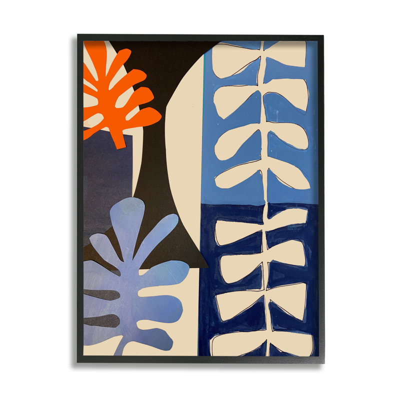 Funky plante feuilles moderne, H 14 po x l 11 po x P 1,5 po, Giclée encadrée noir minuit