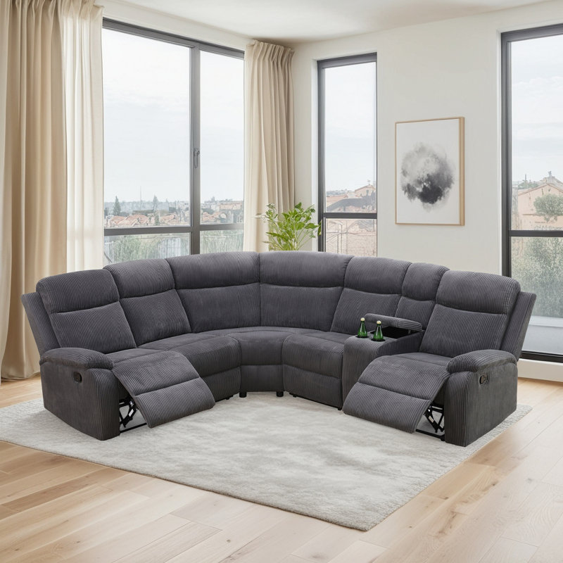 Stripe Corduroy 3-Piece Manual Recliner Sofa Set – Split-Back Design, Dual Cup Holders & Storage, Dark Gray