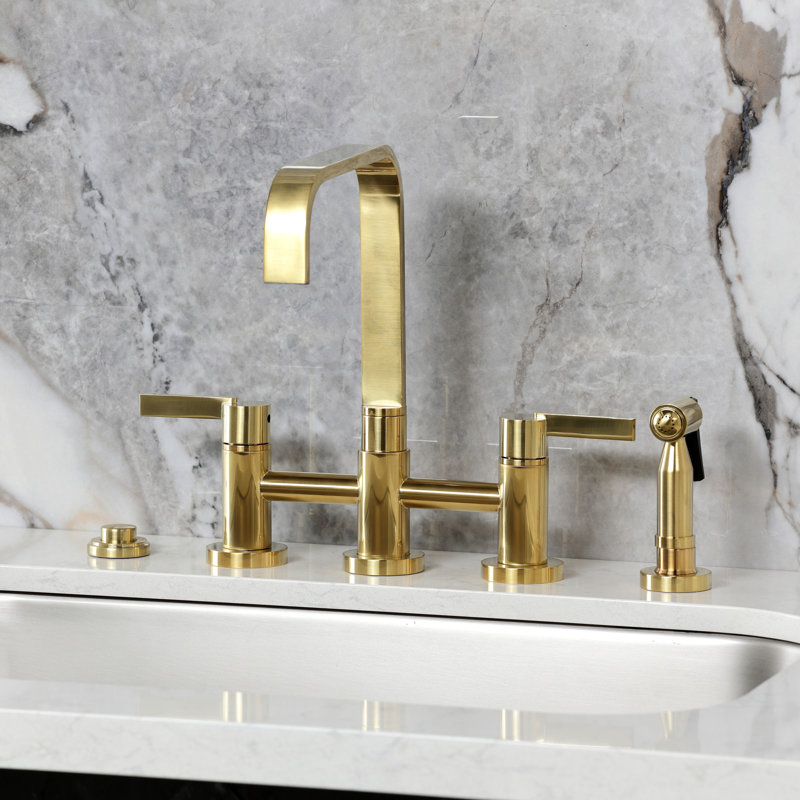 Kingston Brass Continental Two-Handle 4-Hole Deck Mount Bridge Kitchen Faucet with Brass Side Sprayer, Brushed Brass