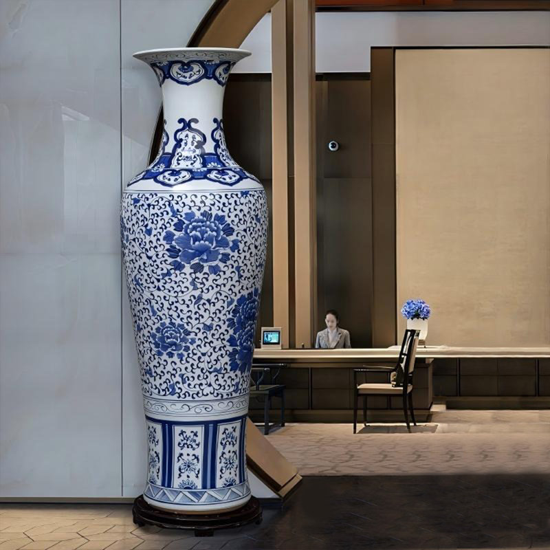 Grand vase décoratif en porcelaine bleue et blanche de 59,06 po Jingdezhen, H 59,06 po x l 15,75 po x P 15,75 po