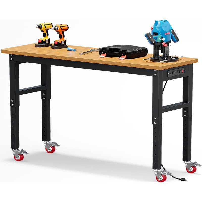Établi robuste de 60 po, capacité maximale de 2200 lb, table de travail en bois massif à hauteur réglable, poste de travail pour garage, magasin, maison, bureau