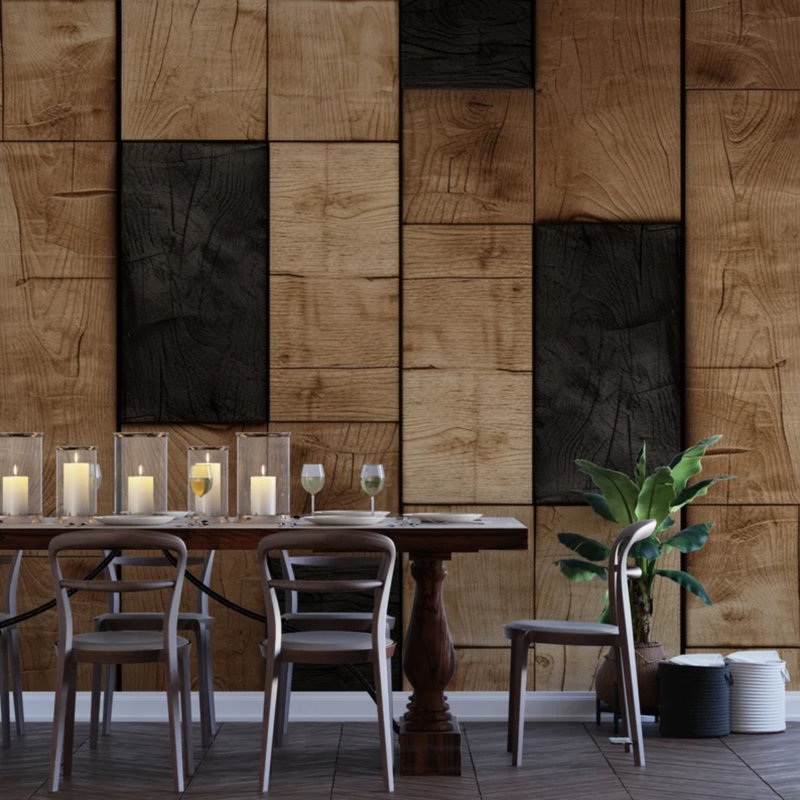 Rustic 3D Wood Block Wallpaper Natural Oak Dark Walnut Geometric Panel Pattern, 96" L x 108" W