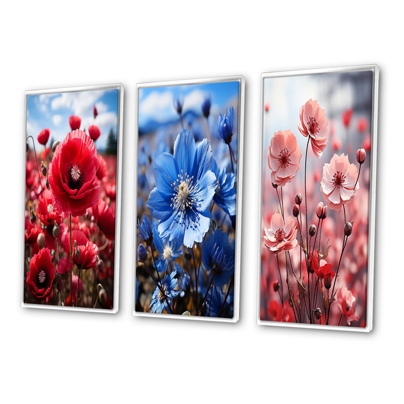 Flower Field Pink Crimson - ensemble de 3 impressions, H 32 po x l 48 po, Cadre blanc