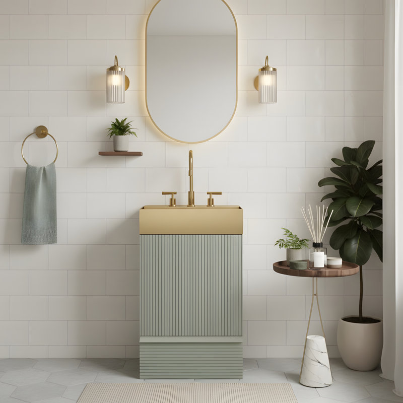 Meuble-lavabo autoportant en métal doré, Vert clair, Doré