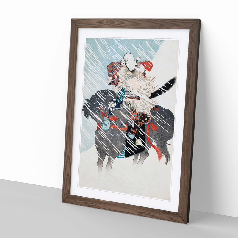 A Warrior in a Snow Storm by Toyohara Chikanobu - Picture Frame Painting, 50cm H x 35cm W x 2cm D, Walnut